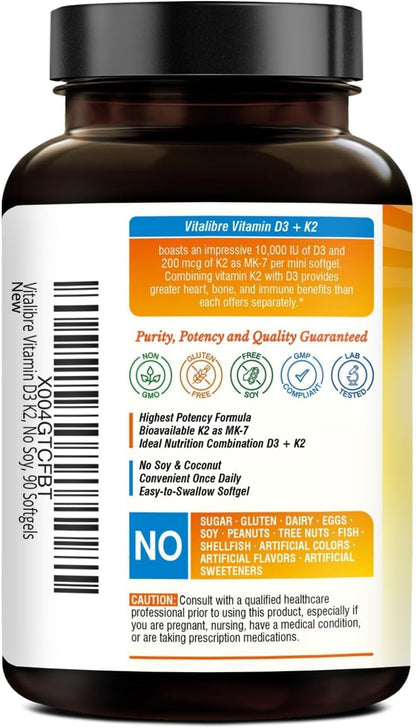Vitalibre Vitamin D3 K2 Supplement, Vitamin D3 10000 IU & 200 mcg K2 MK7 | Enhanced Calcium Absorption, Bone, Heart, Immune & Mood Support, No Soy, Easy to Swallow, 90 Softgels