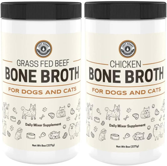 Beef and Chicken Bone Broth Powder Combo for Dogs and Cats – Human Grade Grass-Fed Bone Broth for Picky Eaters – Supports Joints and Gut Health – Dog Food Toppers