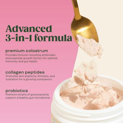 Bloom Nutrition Bovine Colostrum Powder, Strawberries & Cream, 25 Servings | Gut Health, Immune Support, Hair Growth & Beauty Supplement, Gluten Free, Sugar Free