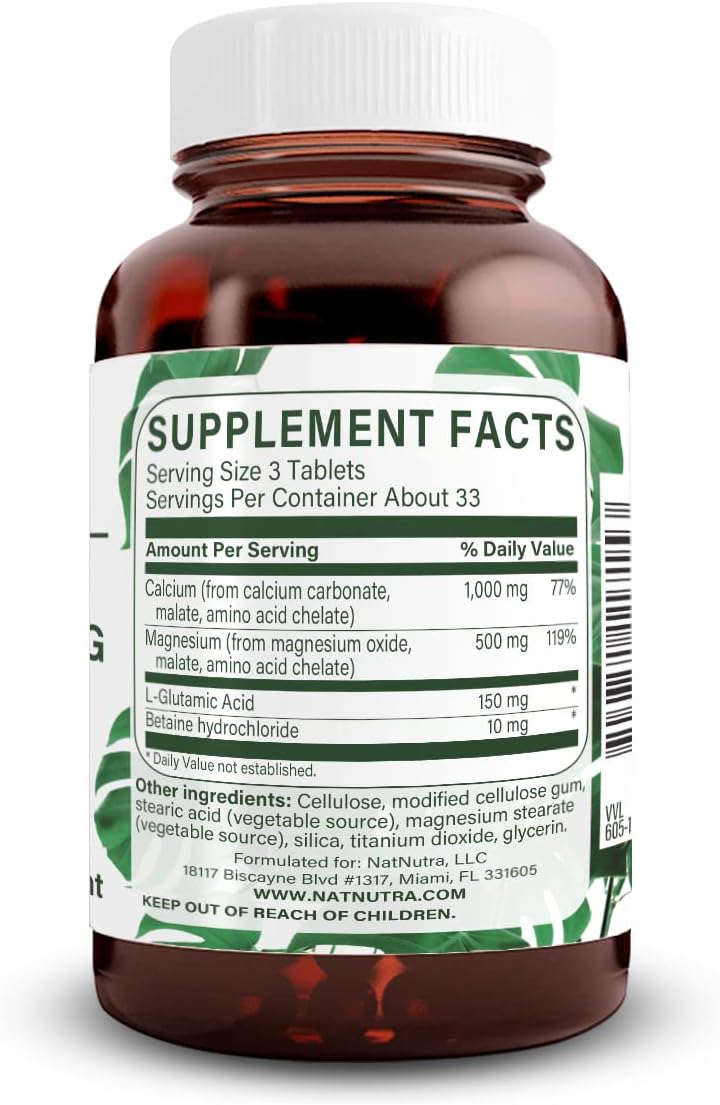 Natural Nutra Chelated Calcium Magnesium 1000/500 mg Supplements Plus Betaine HCL - Chelated Cal Mag Improves Bone Density, Supports Muscle, Teeth, Cardiovascular & Nerve Health, 100 Vegan Tablets