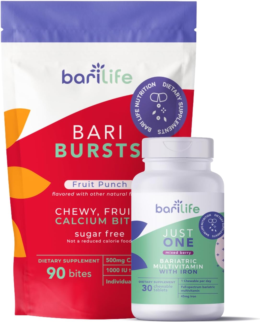 Bari Life Just One Chewable: Once Daily Bariatric Multivitamin + Iron and and BariBurst Calcium Citrate Soft Chews for Gastric Bypass, Gastric Sleeve and Duodenal Switch (Fruit Punch)