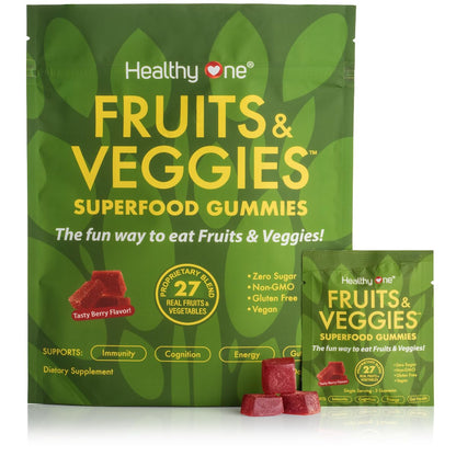 Fruits & Veggies Sugar-Free Gummies - 27 Whole Foods - Equals 3 Servings of Fruits & Vegetables - Improve Energy, Focus & Immune Function - Fiber - Antioxidants - Organic Ingredients - 28 Packets Healthy OneBuy Supplements Australia