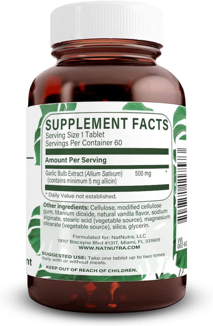 Natural Nutra High Allicin Garlic Supplement, Supports Immune System, Improve Heart Health, Improve Enzymes Health, Better Digestion, Fights Cold and Flu, Vanilla Coating, 500mg, 60 Vegan Tablets