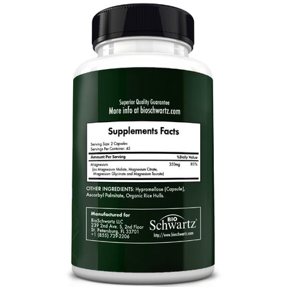 BioSchwartz Magnesium Complex Supplement (90 Capsules) 350mg Magnesium Glycinate Citrate Malate and Taurate Per Serving for Healthy Nerves Muscles Heart Sleep Support (Vegan, Gluten-Free, Non-GMO) BioSchwartz buy supplements Au
