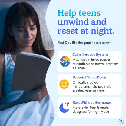 FIRST DAY Teen's Multivitamin, Calming Magnesium & Brain Focus Gummies | Daily Nutrients, Mood, & Focus | Clean Label Project Verified® | Vegan | 30-Day Supply