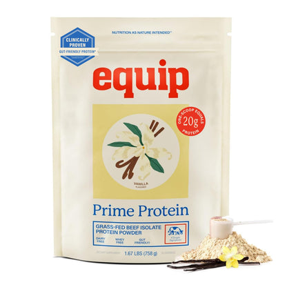 Equip Prime Chocolate Protein Powder - Gut-Friendly, No Sugar Protein Shake Powder with Grass-Fed Beef & Natural Collagen - Rich & Creamy Mix - 21g Per Serving - Whey & Dairy-Free (30 Scoops)