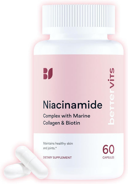 Bettervits Niacinamide Supplement with Vitamin B3, Marine Collagen & Hyaluronic Acid | High-Strength Vitamin B3 Capsules 300 mg. with Turmeric for Energy Metabolism & Skin Support - 60 Capsules