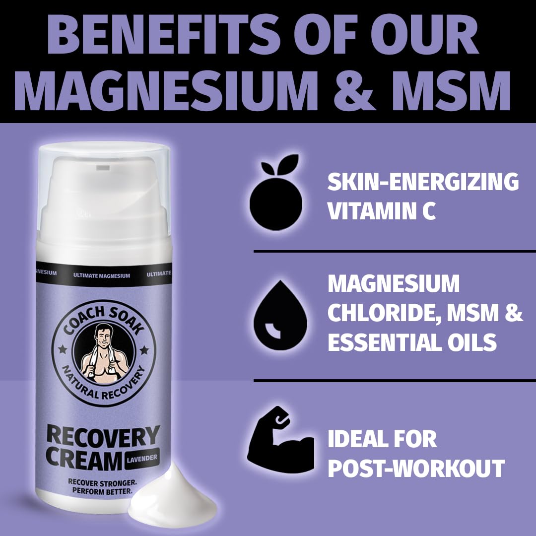 Coach Soak Magnesium Cream with MSM in Pump Bottle - Natural Recovery Cream with Magnesium Chloride & Menthol - Fast-Absorbing for Muscles & Joints, Lavender 3.4oz Coach SoakBuy Supplements Australia