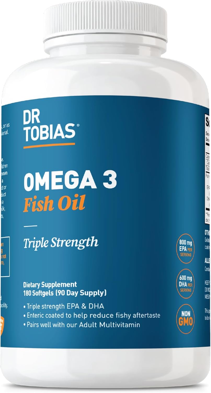Dr. Tobias Omega 3 Fish Oil 2000mg Triple Strength | 180 Softgels | Heart, Brain & Joint Support | 2,000 mg Fish Oil | 800 mg EPA + 600 mg DHA | Delayed Release Omega 3 Supplement | 90 Servings