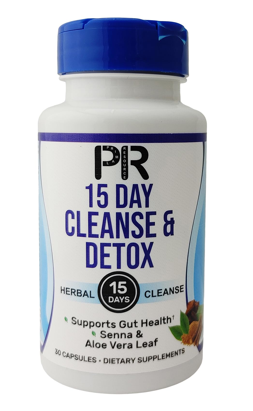 Supplement bottle labeled '15 Day Cleanse & Detox' with blue cap on a white background
