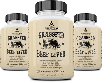 Ancestral Supplements Grass Fed Beef Liver Capsules, 180 Ct (3-Pack) | This freeze-dried beef liver supplement supports energy production, cleansing, digestion and immunity.