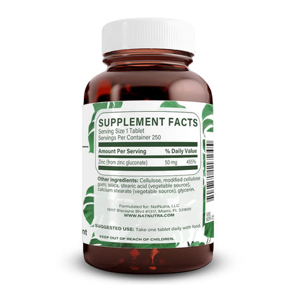 Natural Nutra Zinc Gluconate 50mg Supplement for Immune Support, Promotes Skin Health, Provides Ease From Flu & Cold, Boost Learning & Memory, Enhance Taste & Smell, Gluten Free 50mg 100 Vegan Tablets