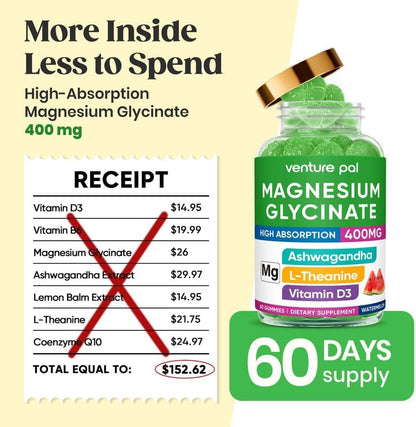 60 Day Supply Magnesium Glycinate 400mg Gummies Sugar Free High Absorption | With Ashwagandha, L-Theanine, CoQ10, Vitamin D3 & B6, Adults & Kids, Stress Relief, Sleep & Calm, Vegan, Gluten Free