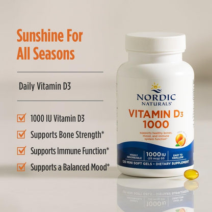 Nordic Naturals Vitamin D3 1000 IU, Orange - 120 Mini Soft Gels | Vitamin D3 supports healthy bones, positive mood & immune system function. Orange flavor mini soft gels. 120 servings