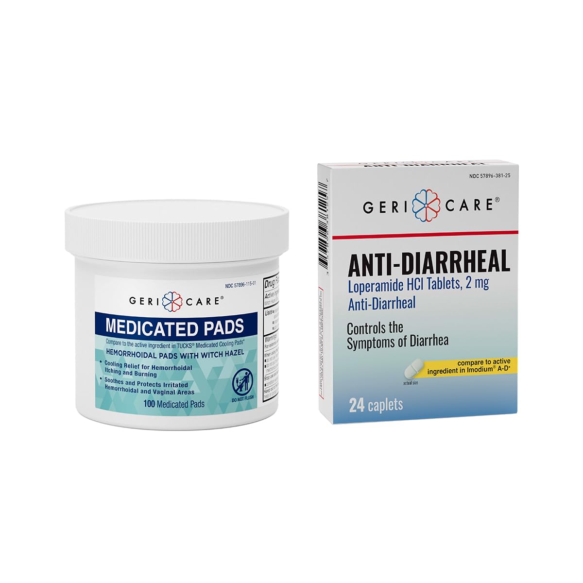 GeriCare Anti-Diarrheal Caplets 24 Count & Medicated Pads of Witch Hazel 50% 100 Count Bundle – Fast Relief for Diarrhea, Soothing Medicated Pads for Irritation, Digestive Support & Travel GeriCareBuy Supplements Australia