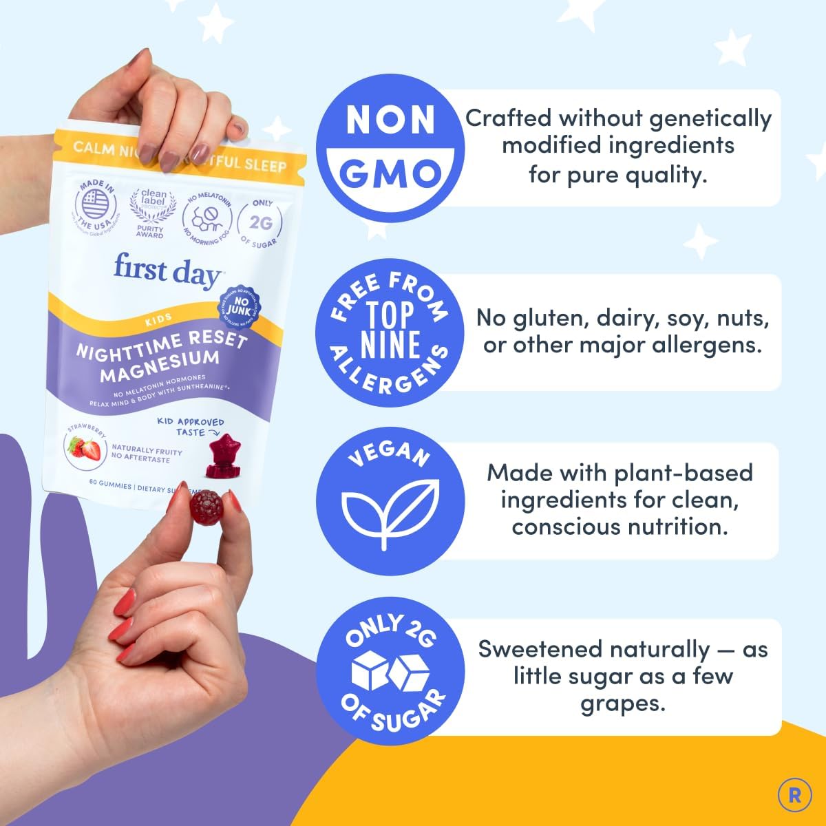 FIRST DAY Kids Magnesium Gummies, Citrate + L-Theanine, No Melatonin, 60 Ct | Strawberry citrate magnesium gummies for kids with Suntheanine® L-theanine; melatonin-free calm and bedtime support for kids