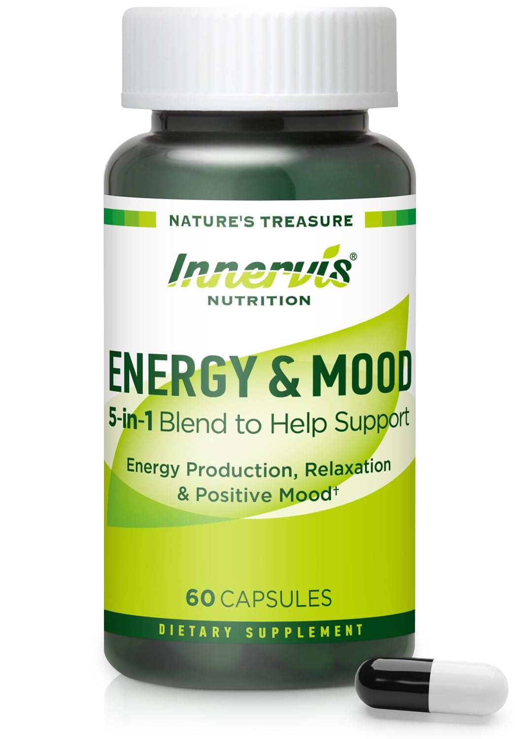 Supplement bottle labeled 'Innervis Nutrition Energy & Mood' on a white background