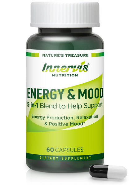 Supplement bottle labeled 'Innervis Nutrition Energy & Mood' on a white background