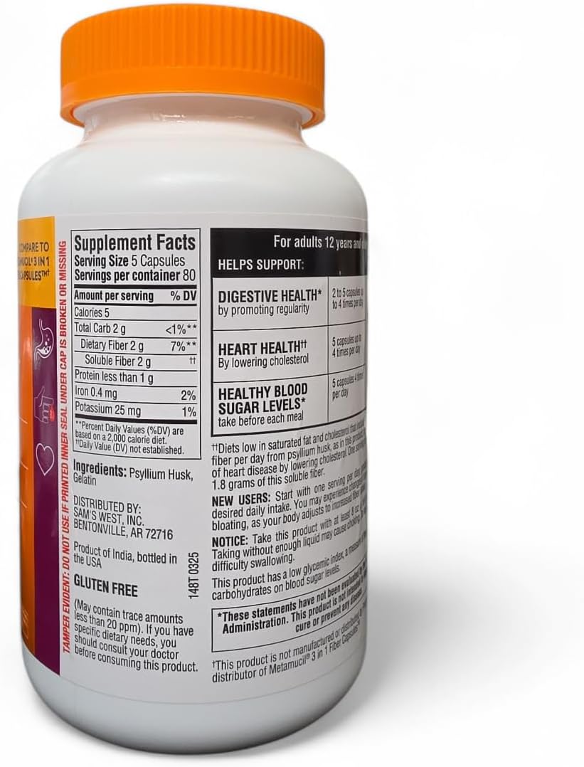 Member's Mark 100% Natural Psyllium Husk Fiber Capsules, Digestive Health, 400 Count (Pack of 1)