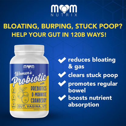 MOM NUTRIX Probiotic for Women - Vaginal, Gut, UT, pH Balance, Feminine & Digestive Health - Prebiotics with Probiotics, Cranberry, D-mannose - Bifidobacterium and Lactobacillus - 120 Capsules MOM NUTRIX buy supplements Au