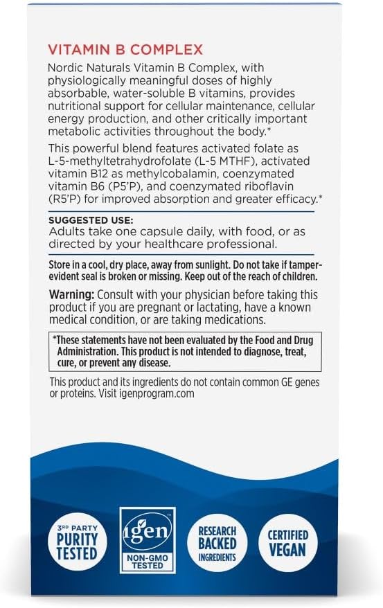 Nordic Naturals Vitamin B Complex, Energy Metabolism - 45 Capsules | 8 essential B vitamins: B1 Thiamine, B2 Riboflavin, B3 Niacin, B6, B12, B9 Folate, B7 Biotin, B5 Pantothenic Acid. Non-GMO