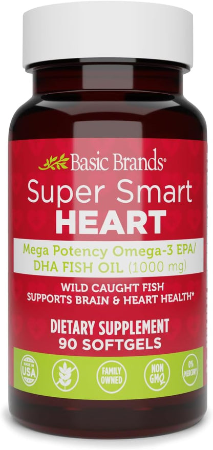 Basic Brands Super Smart Heart Omega Triple Strength, 1,000 mg 90 Count | EPA & DHA for Heart, Brain & Joint Support, Purified, Wild-Caught, Non-GM
