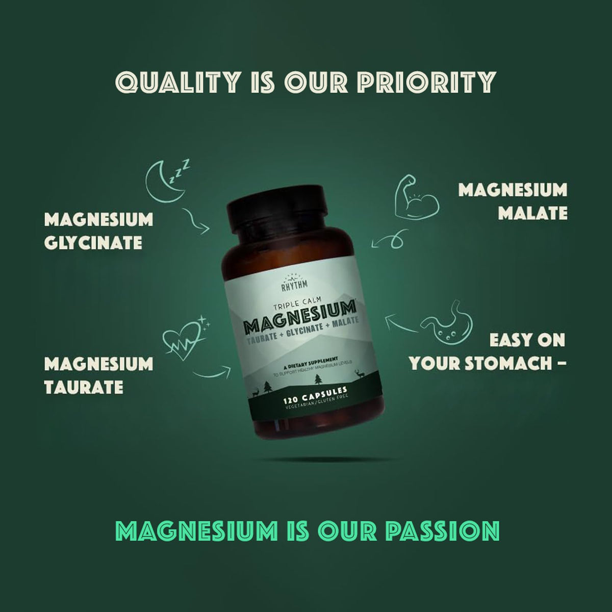 Natural Rhythm Triple Calm Magnesium Complex - 120 Capsules, Chelated Magnesium Glycinate, Taurate & Malate, High Absorption Supplement for Sleep, Stress, Muscle & Heart Support, Non-GMO, Vegan Natural Rhythm buy supplements Au