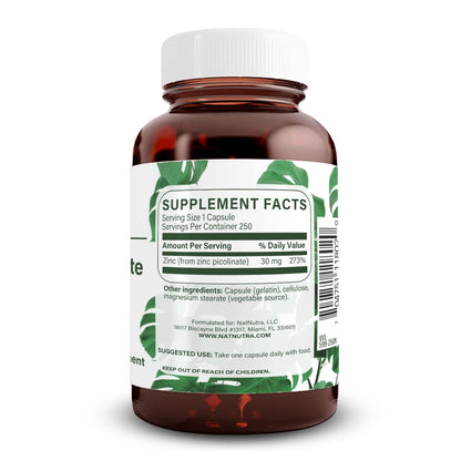 Natural Nutra Zinc Picolinate 30 mg, Double Strength, Raw and Pure, Highly Bioavailable Supplement for Growth and Immune Support, Helps Promote Skin Health, Helps Support Metabolic System 100 Capsules
