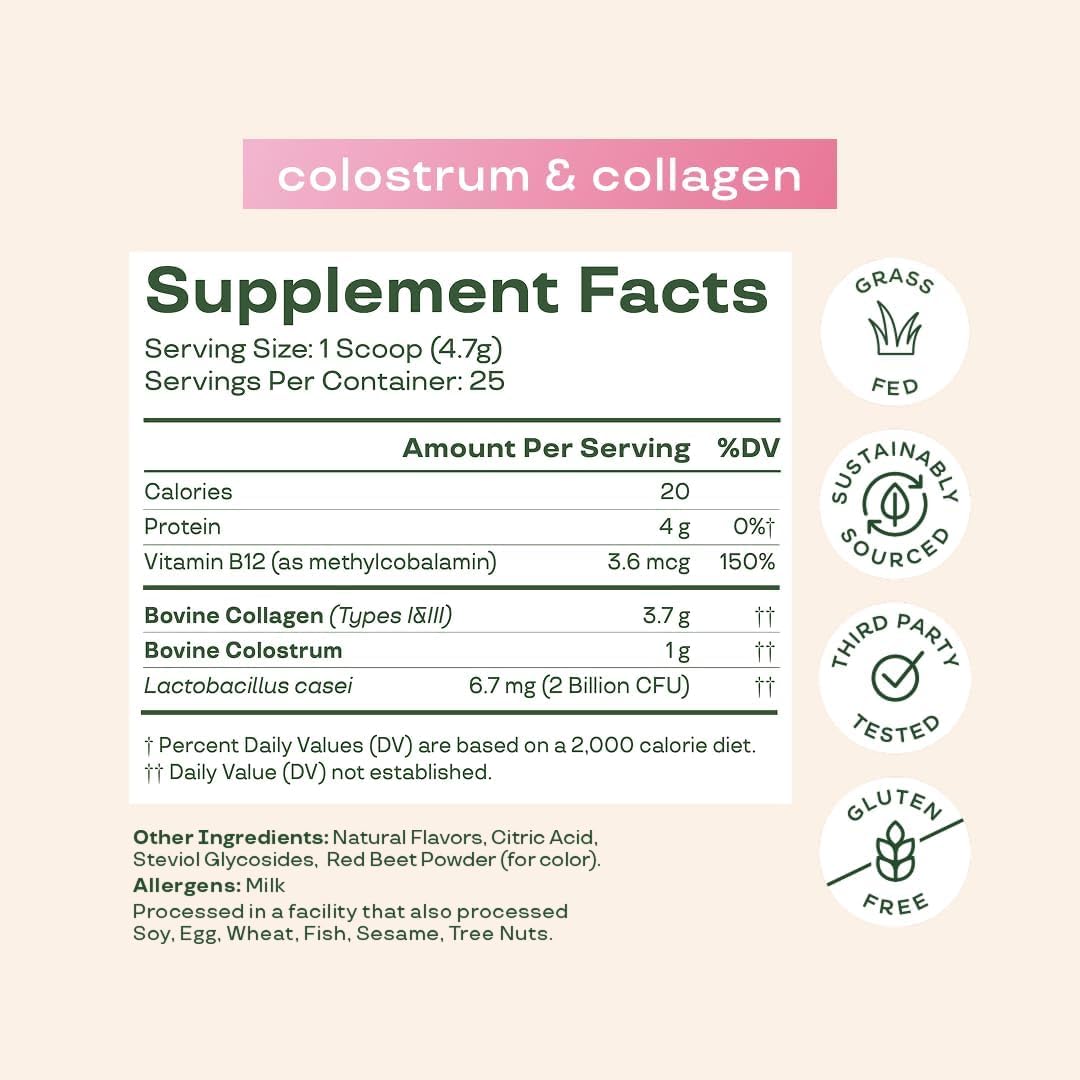 Bloom Nutrition Bovine Colostrum Powder, Strawberries & Cream, 25 Servings | Gut Health, Immune Support, Hair Growth & Beauty Supplement, Gluten Free, Sugar Free