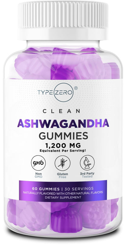 Bottle of TypeZero Clean Ashwagandha Gummies with purple gummies inside.