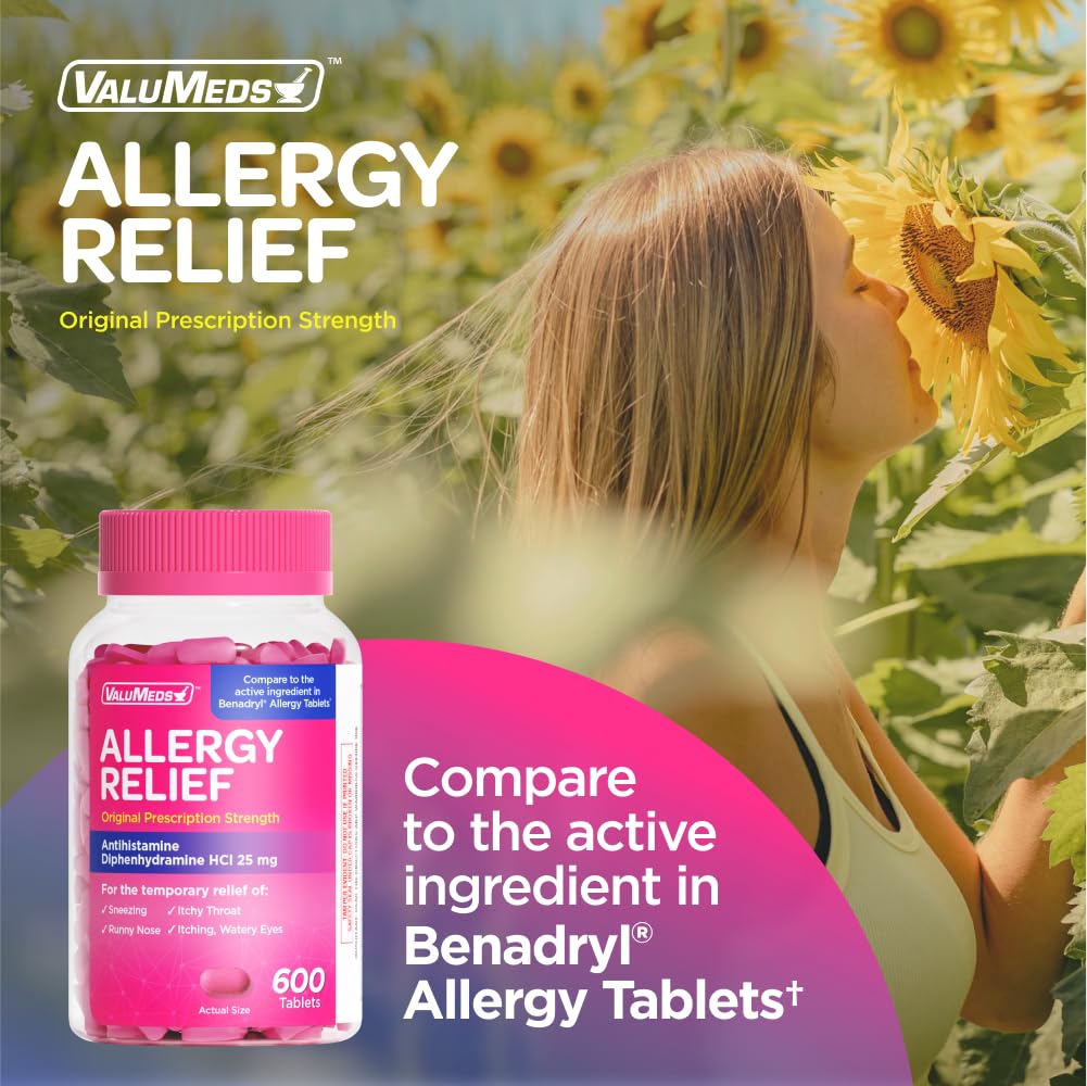 ValuMeds Allergy Medicine Antihistamine, Diphenhydramine HCl 25 mg | Children and Adults | Relieve Itchy Eyes, Runny Nose, Sneezing (25 mg, 600 Count) ValuMeds buy supplements Au