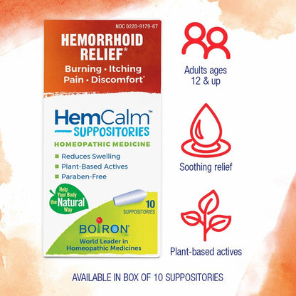 Boiron HemCalm Suppositories for Hemorrhoid Relief of Pain, Itching, Swelling or Discomfort - 10 Count (Pack of 2) BoironBuy Supplements Australia