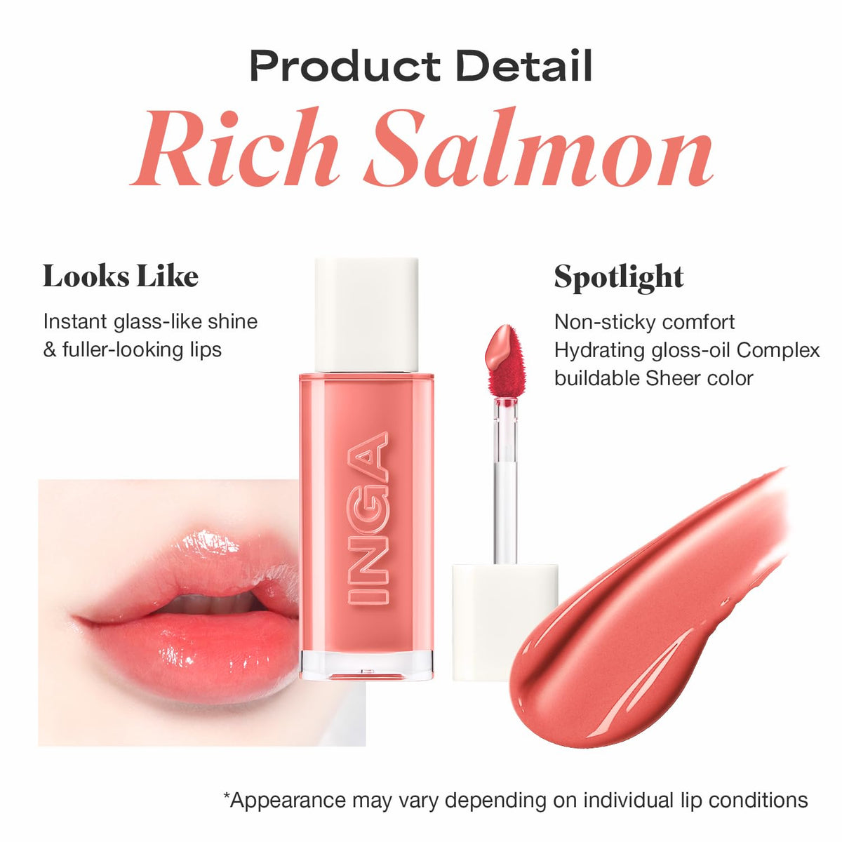 INGA Water Glow Lip Tint | Hydrating, Glossy Korean Lip Tint with Sheer Color & Glass-Like Shine | Long-Lasting, Non-Sticky Korean Lip Stain (RICH SALMON) INGABuy Supplements Australia