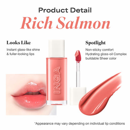 INGA Water Glow Lip Tint | Hydrating, Glossy Korean Lip Tint with Sheer Color & Glass-Like Shine | Long-Lasting, Non-Sticky Korean Lip Stain (RICH SALMON) INGABuy Supplements Australia