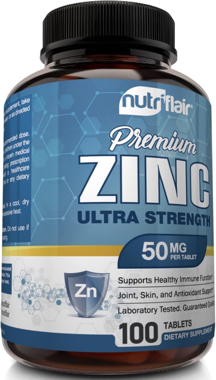 NutriFlair Zinc Gluconate 50mg, 100 Tablets - High Potency Immune System Booster Supplement Pills, Immunity Defense, Powerful Natural Antioxidant, Non-GMO, Compare with zinc picolinate, citrate, oxide