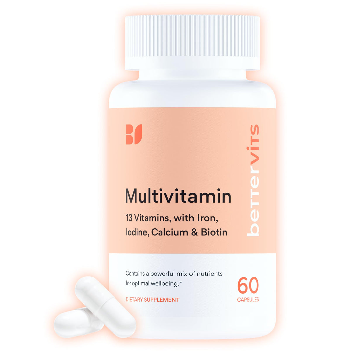 Multivitamin supplement bottle with white capsules on a light pink background