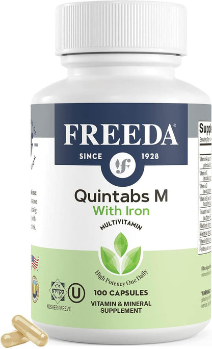 FREEDA Multivitamin – Quintabs-M with Iron – Kosher Multi Vitamins Supplements for Women Health - Multivitamins for Women & Iron-Deficient Men Adult Vitamins Multivitamin (100) | Kosher Multivitamin with Iron Formulated for Women & Men - Supporting Daily