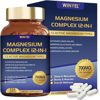 Winyel Magnesium Complex 12-in-1 supplement bottle and packaging on a white background