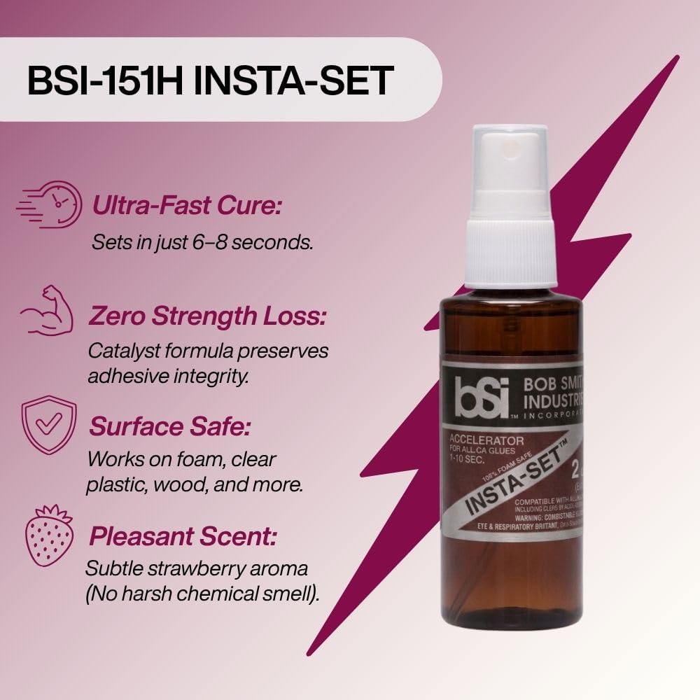 Bob Smith Industries Insta-Set Super Glue Accelerator 2 fl oz - Fast Drying Liquid Activator for Cyanoacrylate Adhesives, Enhance Repair Speed - Strawberry Scent