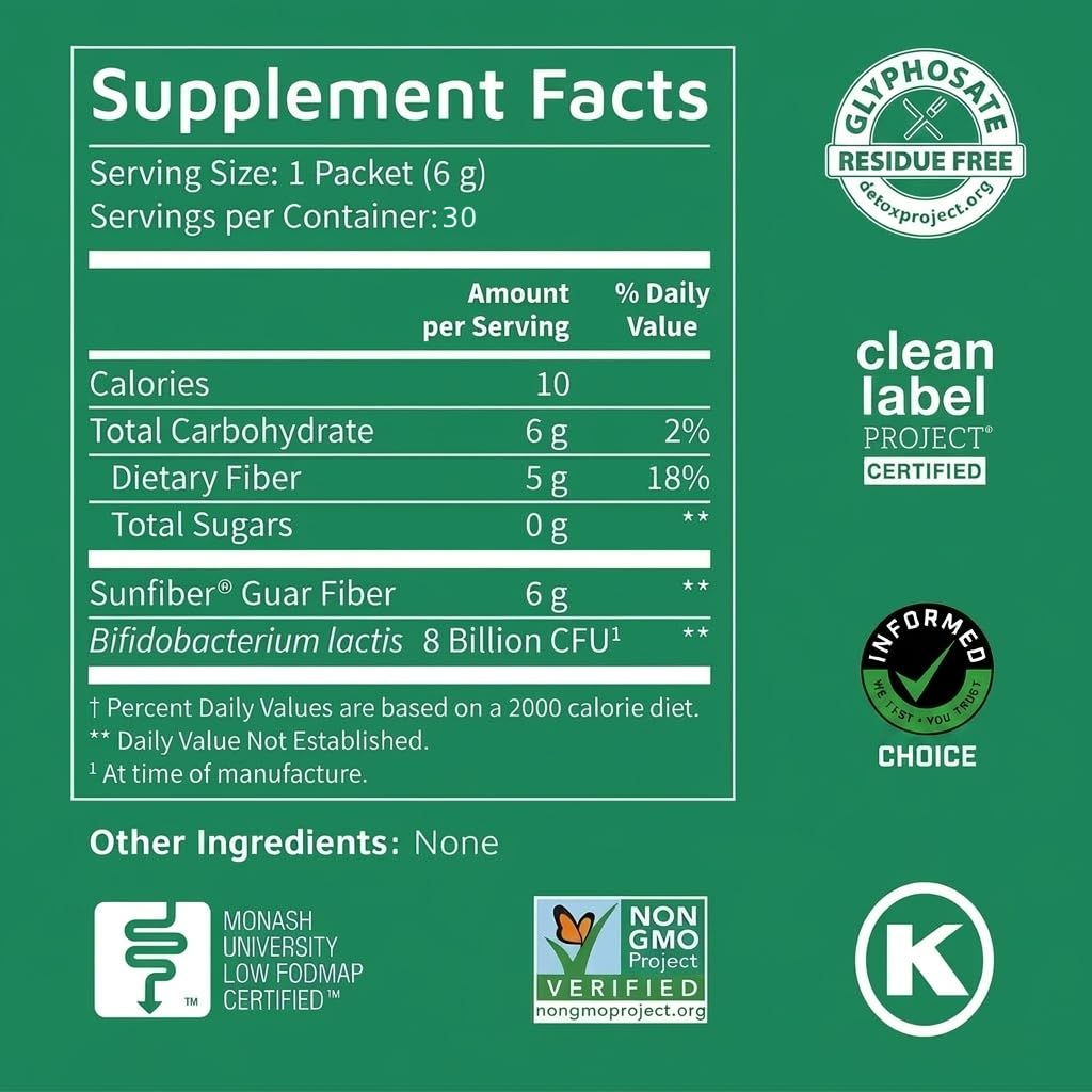Tomorrow's Nutrition Sunfiber GI, Prebiotic Fiber & Probiotics, 5g Prebiotic Fiber & 8 Billion Probiotics Per Serving, Low FODMAP, 30-Day Supply, 30 Day