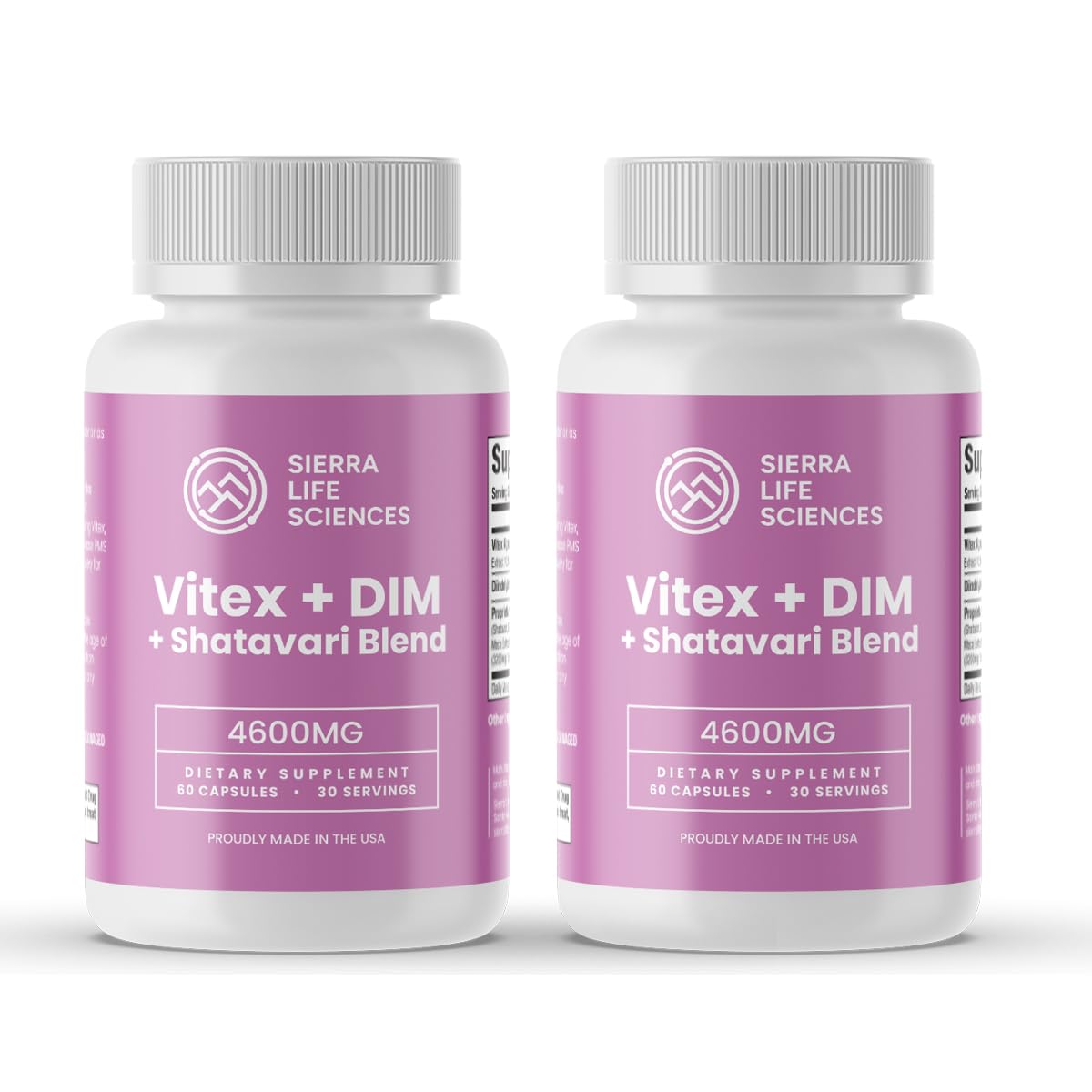 Two bottles of Vitex + DIM + Shatavari Blend by Sierra Life Sciences on a white background
