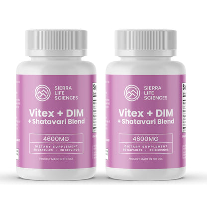 Two bottles of Vitex + DIM + Shatavari Blend by Sierra Life Sciences on a white background
