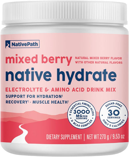 NativePath Hydrate Electrolyte Powder, Mixed Berry, 30 Servings | 14 Vitamins & Minerals, 9 Aminos & 2000mg BCAAs, Zero Sugar, Supports Hydration & Recovery, Stevia, Keto