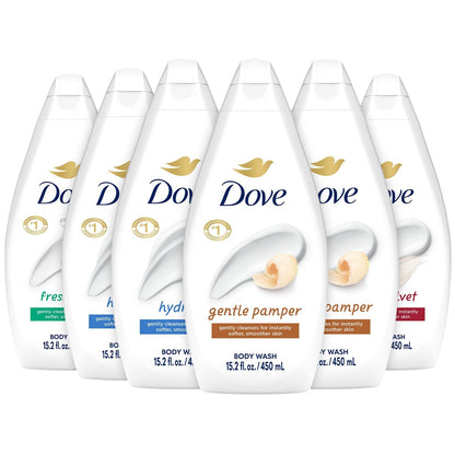 Dove Moisturizing Body Wash, Variety 6-Pack, 15.2 Oz Ea | Hydrate 2-Pack + Gentle Pamper, Fresh Care, and Silky Velvet | Moisturizing Shower Gel Liquid, Instantly Replenish Dry Skin