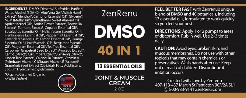 Zenrenu DMSO Cream 99.995% Pure Pharmaceutical Grade - 40-in-1 Advanced Formula -12 Essential Oils, Arnica, Aloe Vera, MSM - Fast-Absorbing Cream – 2 oz Glass Pump Bottle – Made in USA ZenrenuBuy Supplements Australia