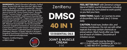 Zenrenu DMSO Cream 99.995% Pure Pharmaceutical Grade - 40-in-1 Advanced Formula -12 Essential Oils, Arnica, Aloe Vera, MSM - Fast-Absorbing Cream – 2 oz Glass Pump Bottle – Made in USA ZenrenuBuy Supplements Australia