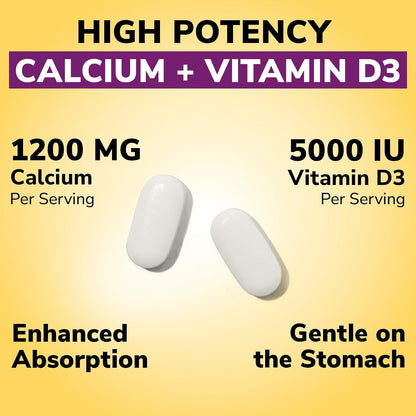Vitalibre Calcium Supplements for Women, 120 Coated Tablets | Calcium 1200 mg with Vitamin D3 5000IU, Bone Strength Density, Enhanced Absorption Stomach - Friendly Gentle