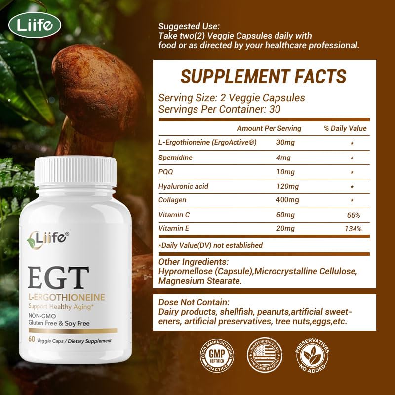 LIIFE L-Ergothioneine Supplement (EGT) 30mg,Compound Antioxidant Supplement (May Support Longevity and Healthy Aging) Promotes Skin Health，60 Capsules，Non-GMO, Gluten Free, Vegan Safe LIIFE buy supplements Au