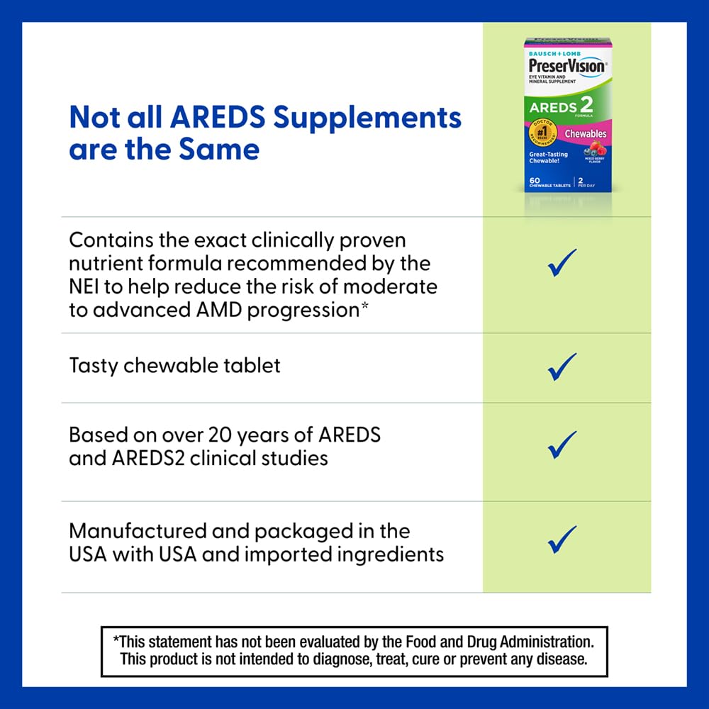 PreserVision AREDS 2 Eye Vitamins, #1 Eye Doctor Recommended Brand, Chewable Lutein and Zeaxanthin Supplement with Vitamin C, Vitamin E,Zinc, and Copper, Mixed Berry, 70 Tablets PreserVision buy supplements Au