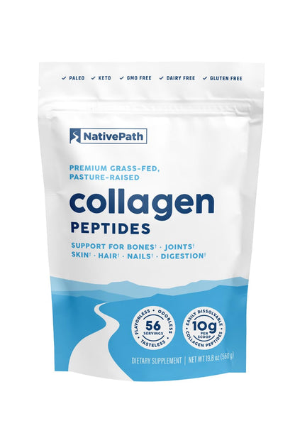NativePath Collagen Peptides, Grass-Fed Type 1 & 3, 45 Servings | 10g Hydrolyzed Per Scoop, Supports Hair, Skin, Nails & Joints, Unflavored, Women & Men, Keto & Paleo